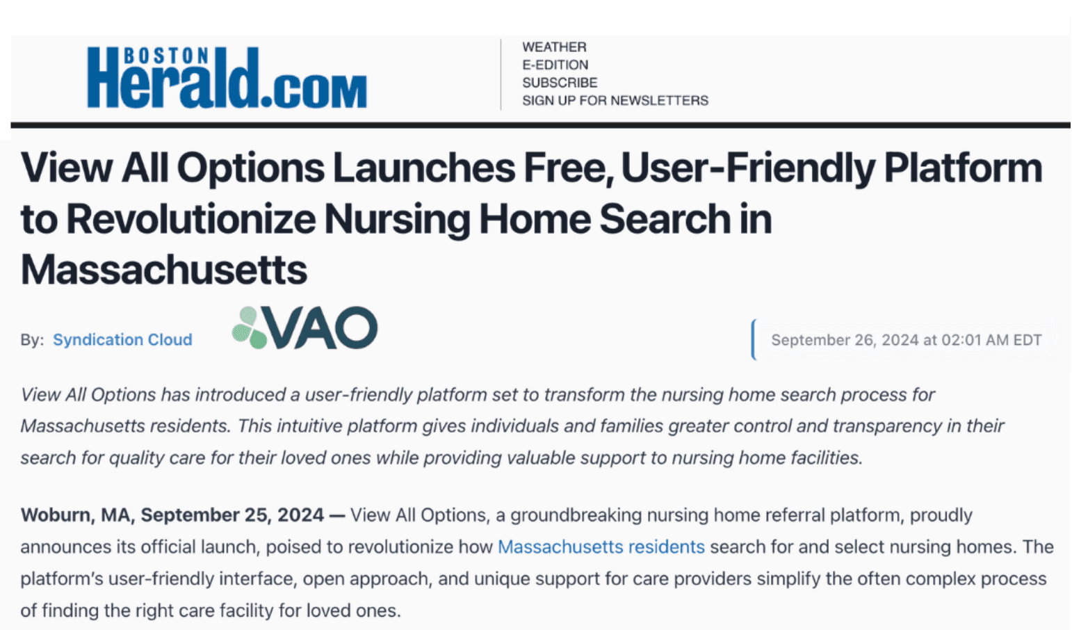 Picture of View All Options Launches Free, User-Friendly Platform to Revolutionize Nursing Home Search in Massachusetts